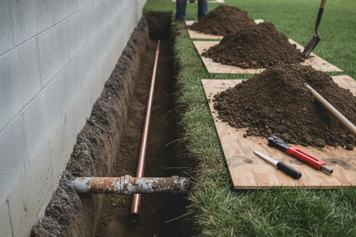 Excavated water line trench during Water Softener Installation in Westmoreland